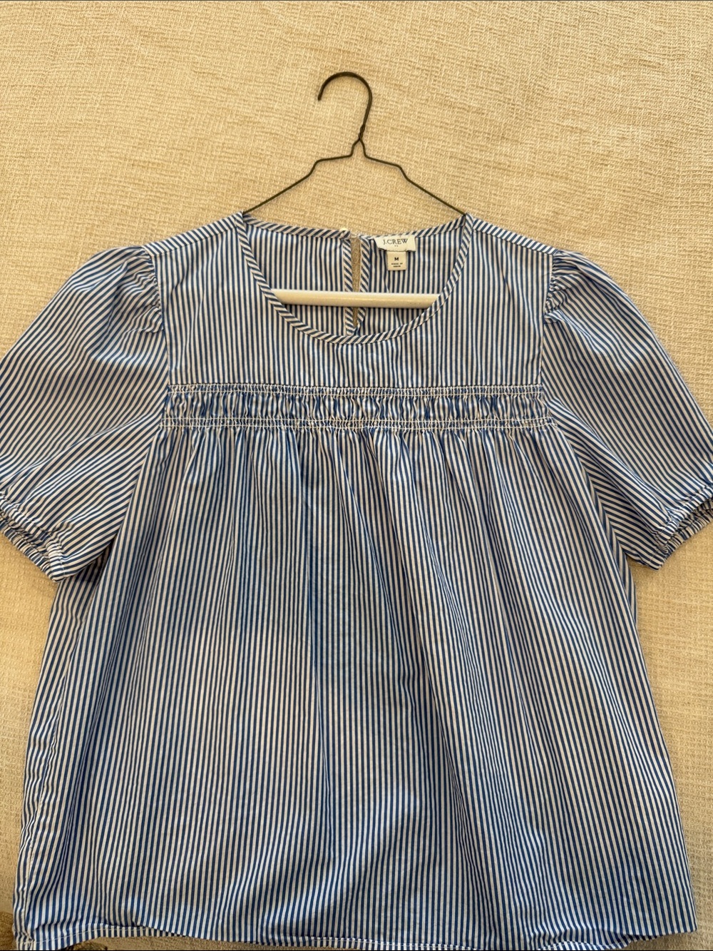 J. Crew Blue and White Striped Smocked Yoke Blouse